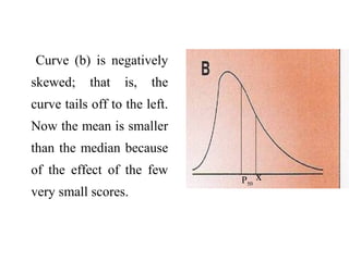 Curve (b) is negatively
skewed; that is, the
curve tails off to the left.
Now the mean is smaller
than the median because
of the effect of the few
very small scores.
xP50
 
