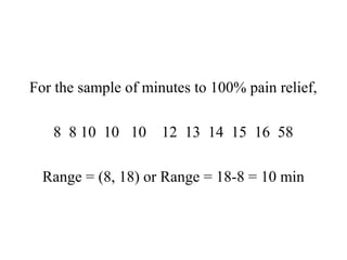 For the sample of minutes to 100% pain relief,
8 8 10 10 10 12 13 14 15 16 58
Range = (8, 18) or Range = 18-8 = 10 min
 