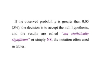 If the observed probability is greater than 0.05
(5%), the decision is to accept the null hypothesis,
and the results are called “not statistically
significant” or simply NS, the notation often used
in tables.
 
