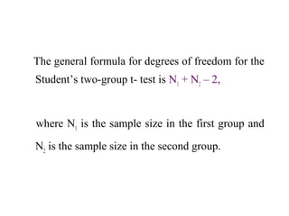 The general formula for degrees of freedom for the
Student’s two-group t- test is N1
+ N2
– 2,
where N1
is the sample size in the first group and
N2
is the sample size in the second group.
 