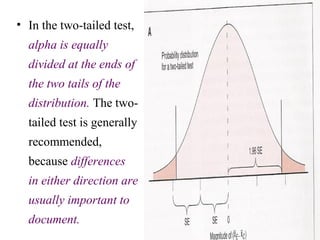 • In the two-tailed test,
alpha is equally
divided at the ends of
the two tails of the
distribution. The two-
tailed test is generally
recommended,
because differences
in either direction are
usually important to
document.
 