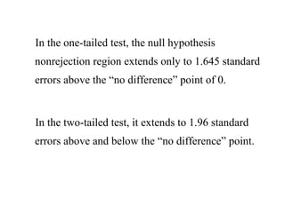 In the one-tailed test, the null hypothesis
nonrejection region extends only to 1.645 standard
errors above the “no difference” point of 0.
In the two-tailed test, it extends to 1.96 standard
errors above and below the “no difference” point.
 