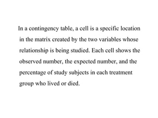 In a contingency table, a cell is a specific location
in the matrix created by the two variables whose
relationship is being studied. Each cell shows the
observed number, the expected number, and the
percentage of study subjects in each treatment
group who lived or died.
 
