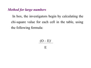 Method for large numbers
In box, the investigators begin by calculating the
chi-square value for each cell in the table, using
the following formula:
(O – E)2
E
 