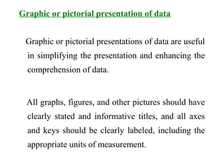 Graphic or pictorial presentation of data
Graphic or pictorial presentations of data are useful
in simplifying the presentation and enhancing the
comprehension of data.
All graphs, figures, and other pictures should have
clearly stated and informative titles, and all axes
and keys should be clearly labeled, including the
appropriate units of measurement.
 