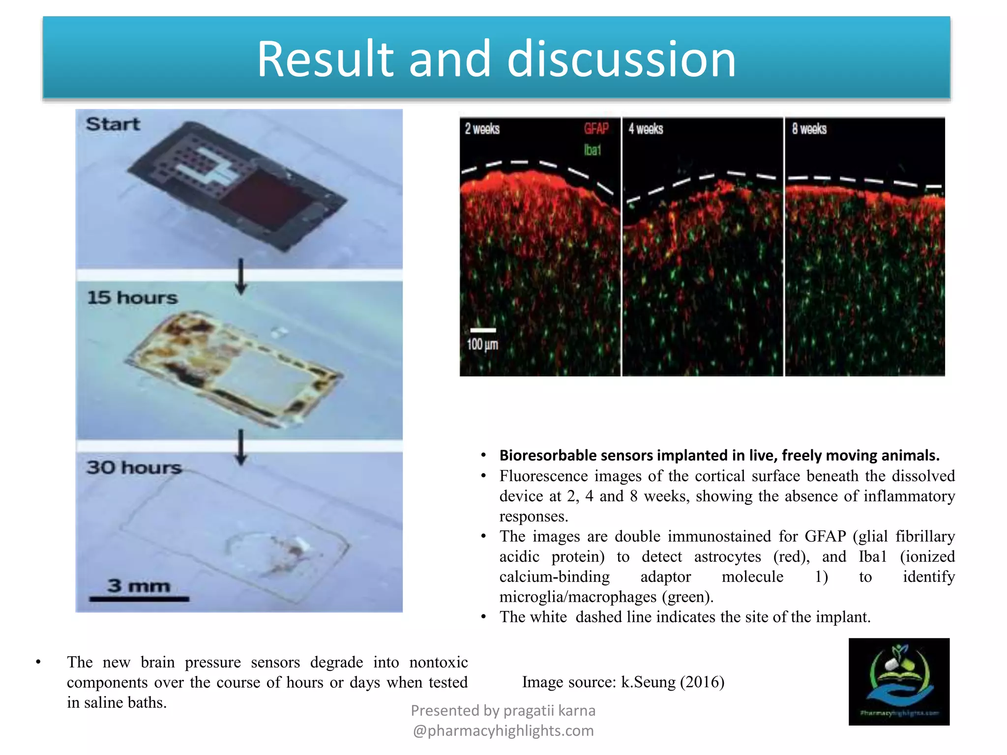 • The new brain pressure sensors degrade into nontoxic
components over the course of hours or days when tested
in saline baths.
• Bioresorbable sensors implanted in live, freely moving animals.
• Fluorescence images of the cortical surface beneath the dissolved
device at 2, 4 and 8 weeks, showing the absence of inflammatory
responses.
• The images are double immunostained for GFAP (glial fibrillary
acidic protein) to detect astrocytes (red), and Iba1 (ionized
calcium-binding adaptor molecule 1) to identify
microglia/macrophages (green).
• The white dashed line indicates the site of the implant.
Result and discussion
Image source: k.Seung (2016)
Presented by pragatii karna
@pharmacyhighlights.com
 