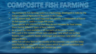 • The Composite fish farming system is a technology developed in India by the
Indian Council of Agricultural Research in the 1970s.
• In this system both local and imported fish species, a combination of five or
six fish species is used in a single fish pond.
• These species are selected so that they do not compete for food among
them having different types of food habitats.
• As a result the food available in all the parts of the pond is used.
• Fish used in this system include catla and silver carp which are surface
feeders, rohu a column feeder and mrigal and common carp which are
bottom feeders.
• Other fish will also feed on the excreta of the common carp and this helps
contribute to the efficiency of the system which in optimal conditions will
produce 3000–6000 kg of fish per hectare per year.
 