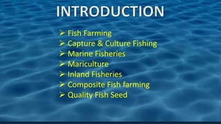  Fish Farming
 Capture & Culture Fishing
 Marine Fisheries
 Mariculture
 Inland Fisheries
 Composite Fish farming
 Quality Fish Seed
 