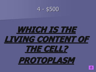 4 - $500
WHICH IS THE
LIVING CONTENT OF
THE CELL?
PROTOPLASM
 