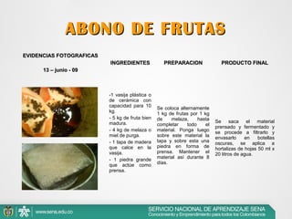ABONO DE FRUTAS
EVIDENCIAS FOTOGRAFICAS
INGREDIENTES

PREPARACION

PRODUCTO FINAL

Se coloca alternamente
1 kg de frutas por 1 kg
de
melaza,
hasta
completar
todo
el
material. Ponga luego
sobre este material la
tapa y sobre esta una
piedra en forma de
prensa. Mantener el
material así durante 8
días.

Se
saca el
material
prensado y fermentado y
se procede a filtrarlo y
envasarlo
en
botellas
oscuras, se aplica a
hortalizas de hojas 50 ml x
20 litros de agua.

13 – junio - 09

-1 vasija plástica o
de cerámica con
capacidad para 10
kg.
- 5 kg de fruta bien
madura.
- 4 kg de melaza o
miel de purga.
- 1 tapa de madera
que calce en la
vasija.
- 1 piedra grande
que actúe como
prensa.

 