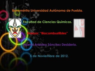 Benemérita Universidad Autónoma de Puebla.


      Facultad de Ciencias Químicas.


        Ensayo: “Biocombustibles”


      Noemí Ariadna Sánchez Desiderio.


          5 de Noviembre de 2012.
 