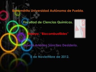 Benemérita Universidad Autónoma de Puebla.


      Facultad de Ciencias Químicas.


        Ensayo: “Biocombustibles”


      Noemí Ariadna Sánchez Desiderio.


          5 de Noviembre de 2012.
 