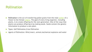 Pollination
 Pollination is the act of transferring pollen grains from the male anther of a
flower to the female stigma. The goal of every living organism, including
plants, is to create offspring for the next generation. One of the ways that
plants can produce offspring is by making seeds. Seeds contain the genetic
information to produce a new plant.
 Types:-Self Pollination,Cross Pollination
 Agents of Pollination:-Wind,insect, animal,mechanical explosive and water
 