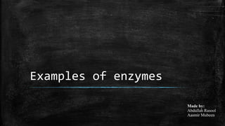 Examples of enzymes 
Made by: 
Abdullah Rasool 
Aasmir Mubeen 
 