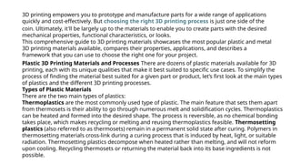 3D printing empowers you to prototype and manufacture parts for a wide range of applications
quickly and cost-effectively. But choosing the right 3D printing process is just one side of the
coin. Ultimately, it'll be largely up to the materials to enable you to create parts with the desired
mechanical properties, functional characteristics, or looks.
This comprehensive guide to 3D printing materials showcases the most popular plastic and metal
3D printing materials available, compares their properties, applications, and describes a
framework that you can use to choose the right one for your project.
Plastic 3D Printing Materials and Processes There are dozens of plastic materials available for 3D
printing, each with its unique qualities that make it best suited to specific use cases. To simplify the
process of finding the material best suited for a given part or product, let’s first look at the main types
of plastics and the different 3D printing processes.
Types of Plastic Materials
There are the two main types of plastics:
Thermoplastics are the most commonly used type of plastic. The main feature that sets them apart
from thermosets is their ability to go through numerous melt and solidification cycles. Thermoplastics
can be heated and formed into the desired shape. The process is reversible, as no chemical bonding
takes place, which makes recycling or melting and reusing thermoplastics feasible. Thermosetting
plastics (also referred to as thermosets) remain in a permanent solid state after curing. Polymers in
thermosetting materials cross-link during a curing process that is induced by heat, light, or suitable
radiation. Thermosetting plastics decompose when heated rather than melting, and will not reform
upon cooling. Recycling thermosets or returning the material back into its base ingredients is not
possible.
 