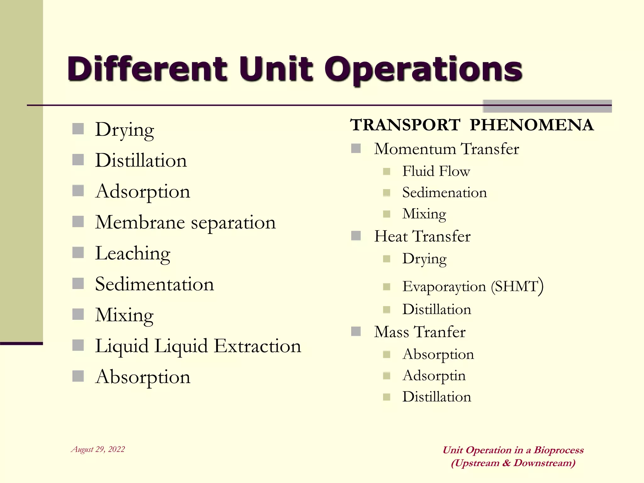 August 29, 2022 Unit Operation in a Bioprocess
(Upstream & Downstream)
Different Unit Operations
 Drying
 Distillation
 Adsorption
 Membrane separation
 Leaching
 Sedimentation
 Mixing
 Liquid Liquid Extraction
 Absorption
TRANSPORT PHENOMENA
 Momentum Transfer
 Fluid Flow
 Sedimenation
 Mixing
 Heat Transfer
 Drying
 Evaporaytion (SHMT)
 Distillation
 Mass Tranfer
 Absorption
 Adsorptin
 Distillation
 
