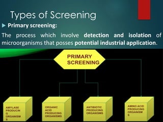 Types of Screening
 Primary screening:
The process which involve detection and isolation of
microorganisms that posses potential industrial application.
 