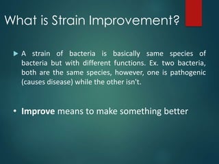 What is Strain Improvement?
 A strain of bacteria is basically same species of
bacteria but with different functions. Ex. two bacteria,
both are the same species, however, one is pathogenic
(causes disease) while the other isn't.
• Improve means to make something better
 