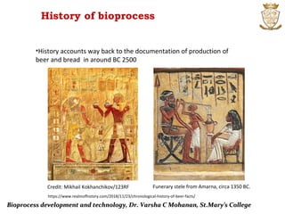 History of bioprocess
Bioprocess development and technology, Dr. Varsha C Mohanan, St.Mary’s CollegeBioprocess development and technology, Dr. Varsha C Mohanan, St.Mary’s College
•History accounts way back to the documentation of production of
beer and bread in around BC 2500
Funerary stele from Amarna, circa 1350 BC.Credit: Mikhail Kokhanchikov/123RF
https://www.realmofhistory.com/2018/11/23/chronological-history-of-beer-facts/
 
