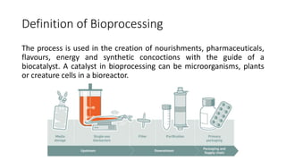 Definition of Bioprocessing
The process is used in the creation of nourishments, pharmaceuticals,
flavours, energy and synthetic concoctions with the guide of a
biocatalyst. A catalyst in bioprocessing can be microorganisms, plants
or creature cells in a bioreactor.
 