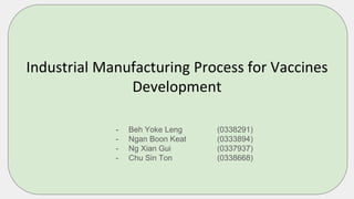 Industrial Manufacturing Process for Vaccines
Development
- Beh Yoke Leng (0338291)
- Ngan Boon Keat (0333894)
- Ng Xian Gui (0337937)
- Chu Sin Ton (0338668)
 