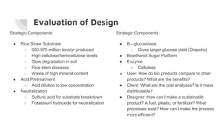 Evaluation of Design
Strategic Components:
● Rice Straw Substrate
○ 650-975 million tons/yr produced
○ High cellulose/hemicellulose levels
○ Slow degradation in soil
○ Rice stem diseases
○ Waste of high mineral content
● Acid Pretreatment
○ Acid dilution to low concentration
● Neutralization
○ Sulfuric acid for substrate breakdown
○ Potassium hydroxide for neutralization
Strategic Components:
● B - glucosidase
○ Gives larger glucose yield (Drapcho)
● Bioethanol Sugar Platform
● Enzyme
○ Cellulase
● User: How do bio products compare to other
products? What are the benefits?
● Client: What are the cost analyses? Is it mass
distributable?
● Designer: How can I make a sustainable
product? A fuel, plastic, or fertilizer? What
processes exist? How can I make the process
more efficient?
 