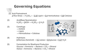 Governing Equations
(1) Acid Pretreatment
3 Rice Straw → H2SO4→ 0.16 Lignin + 0.4 Hemicellulose + 0.8 Cellulose
(2) Acid/Base Neutralization
H2SO4 + 2KOH → K2SO4 + 2 H2O
(3) Centrifuge
→ K2SO4
→ Lignin
→ Hemicellulose + Cellulose
(4) Hydrolysis
8 Biomass (hemi/cell) → 0.2 xylose + 0.9 glucose + 0.27 H2O
(5) Fermentation for Bioethanol Production
Glucose + Ammonia → Bacteria + CO2 + Ethanol
Xylose + Ammonia → Bacteria + CO2 + Ethanol
 