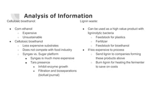 Analysis of Information
Cellulosic bioethanol:
● Corn ethanol
○ Expensive
○ Unsustainable
● Cellulosic bioethanol
○ Less expensive substrates
○ Does not compete with food industry
○ Syngas vs. Sugar platform
■ Syngas is much more expensive
■ Tars presence
● Inhibit enzyme growth
● Filtration and bioseparations
(biofuel journal)
Lignin waste:
● Can be used as a high value product with
ligninolytic bacteria
○ Feedstock for plastics
○ Fertilizer
○ Feedstock for bioethanol
● If too expensive to process
○ Send lignin to companies forming
these products above
○ Burn lignin for heating the fermenter
to save on costs
 
