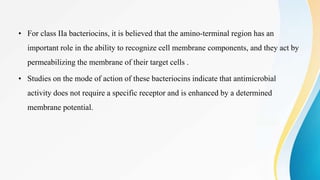 • For class IIa bacteriocins, it is believed that the amino-terminal region has an
important role in the ability to recognize cell membrane components, and they act by
permeabilizing the membrane of their target cells .
• Studies on the mode of action of these bacteriocins indicate that antimicrobial
activity does not require a specific receptor and is enhanced by a determined
membrane potential.
 