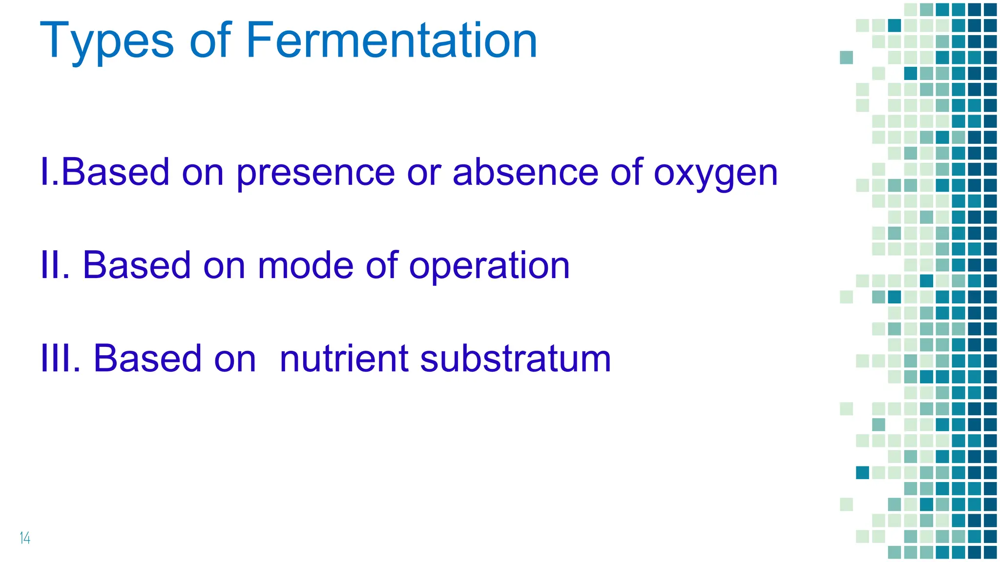 14
Types of Fermentation
I.Based on presence or absence of oxygen
II. Based on mode of operation
III. Based on nutrient substratum
 