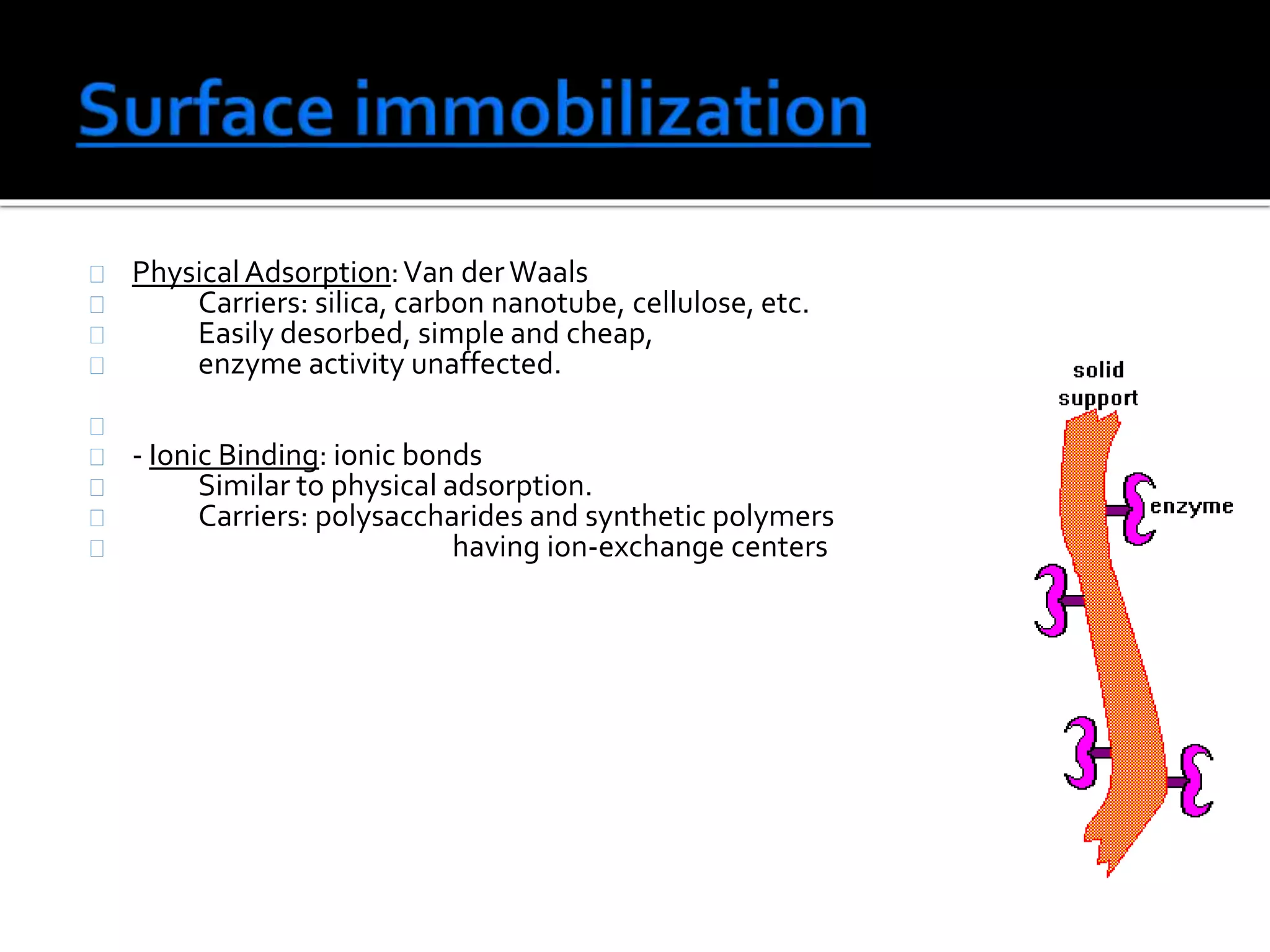 PhysicalAdsorption:Van derWaals
Carriers: silica, carbon nanotube, cellulose, etc.
Easily desorbed, simple and cheap,
enzyme activity unaffected.
- Ionic Binding: ionic bonds
Similar to physical adsorption.
Carriers: polysaccharides and synthetic polymers
having ion-exchange centers