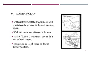 33
9. LOWER MOLAR
 Without treatment the lower molar will
erupt directly upward to the new occlusal
plane.
 With the treatment - it moves forward
 1mm of forward movement equals 2mm
loss of arch length.
 Movement decided based on lower
incisor position.
 
