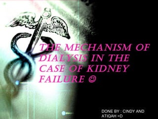 THE MECHANISM OF
DIALYSIS IN THE
CASE OF KIDNEY
FAILURE 


         DONE BY : CINDY AND
         ATIQAH =D
 