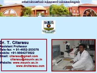 Dr. T. CitarasuDr. T. Citarasu
Assistant ProfessorAssistant Professor
Tele-fax: + 91-4652-253078Tele-fax: + 91-4652-253078
Mobile: +91-9994273822Mobile: +91-9994273822
Email:Email: citarasu@gmail.comcitarasu@gmail.com
citarasu@msuniv.ac.incitarasu@msuniv.ac.in
Website:Website: www.msuniv.ac.inwww.msuniv.ac.in
www.drcitarasu.comwww.drcitarasu.com
MANONMANIAM SUNDARANAR UNIVERSITY, TIRUNELVELIMANONMANIAM SUNDARANAR UNIVERSITY, TIRUNELVELI
 