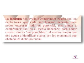 La Biodanza nos ayuda a comprender cuáles son los
ecofactores que cada ser humano necesita para
poder expresar todo su potencial, nos ayuda a
comprender cual es el medio necesario para poder
convertirse en “un gran árbol”, al mismo tiempo que
nos ayuda a identificar cuales son los elementos que
obstaculiza dicho potencial.
 