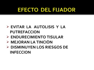   EVITAR LA AUTOLISIS Y LA
  PUTREFACCION
 ENDURECIMIENTO TISULAR
 MEJORAN LA TINCIÒN
 DISMINUYEN LOS RIESGOS DE
  INFECCION
 
