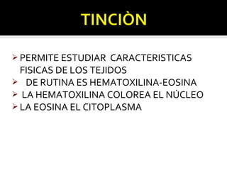  PERMITE ESTUDIAR   CARACTERISTICAS
  FISICAS DE LOS TEJIDOS
 DE RUTINA ES HEMATOXILINA-EOSINA
 LA HEMATOXILINA COLOREA EL NÚCLEO
 LA EOSINA EL CITOPLASMA
 