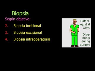 Según objetivo: Biopsia incisional Biopsia excisional Biopsia intraoperatoria Biopsia 