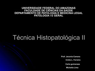 Técnica Histopatológica II
Técnica Histopatológica II
UNIVERSIDADE FEDERAL DO AMAZONAS
UNIVERSIDADE FEDERAL DO AMAZONAS
FACULDADE DE CIÊNCIAS DA SAÚDE
FACULDADE DE CIÊNCIAS DA SAÚDE
DEPARTAMENTO DE PATOLOGIA E MEDICINA LEGAL
DEPARTAMENTO DE PATOLOGIA E MEDICINA LEGAL
PATOLOGIA I E GERAL
PATOLOGIA I E GERAL
Prof. Jeconia Camara
Prof. Jeconia Camara
Cintia L. Ferreira
Cintia L. Ferreira
Carla guimaraes
Carla guimaraes
Michella Lima
Michella Lima
 