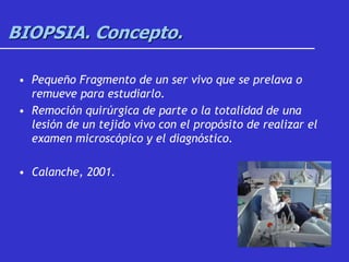 BIOPSIA. Concepto.
• Pequeño Fragmento de un ser vivo que se prelava o
remueve para estudiarlo.
• Remoción quirúrgica de parte o la totalidad de una
lesión de un tejido vivo con el propósito de realizar el
examen microscópico y el diagnóstico.
• Calanche, 2001.
 
