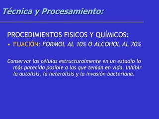 Técnica y Procesamiento:
PROCEDIMIENTOS FISICOS Y QUÍMICOS:
• FIJACIÓN: FORMOL AL 10% O ALCOHOL AL 70%
Conservar las células estructuralmente en un estadío lo
más parecido posible a las que tenían en vida. Inhibir
la autólisis, la heterólisis y la invasión bacteriana.
 