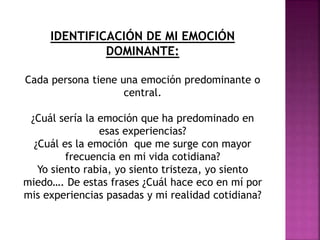 IDENTIFICACIÓN DE MI EMOCIÓN
DOMINANTE:
Cada persona tiene una emoción predominante o
central.
¿Cuál sería la emoción que ha predominado en
esas experiencias?
¿Cuál es la emoción que me surge con mayor
frecuencia en mi vida cotidiana?
Yo siento rabia, yo siento tristeza, yo siento
miedo…. De estas frases ¿Cuál hace eco en mí por
mis experiencias pasadas y mi realidad cotidiana?
 