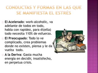 El Acelerado: work-alcoholic, va
adelante de todos en todo,
habla con rapidez, para él(ella)
todo necesita 110% de esfuerzo.
El Preocupado: Todo lo ve
complicado, crea problemas
donde no existen, piensa y le da
vuelta todo.
A la Deriva: Gasta mucha
energía en decidir, insatisfecho,
en perpetua crisis.
 