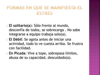 El solitario(a): Sólo frente al mundo,
desconfía de todos, se sobrecarga . No sabe
integrarse a equipo trabaja solo(a).
El Débil: Se agota antes de iniciar una
actividad, todo lo ve cuesta arriba. Se frustra
con facilidad.
En Picada: Vive a tope, sobrepasa límites,
abusa de su capacidad, descuidado(a).
 