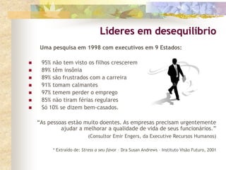 Uma pesquisa em 1998 com executivos em 9 Estados:
 95% não tem visto os filhos crescerem
 89% têm insônia
 89% são frustrados com a carreira
 91% tomam calmantes
 97% temem perder o emprego
 85% não tiram férias regulares
 Só 10% se dizem bem-casados.
“As pessoas estão muito doentes. As empresas precisam urgentemente
ajudar a melhorar a qualidade de vida de seus funcionários.”
(Consultor Emir Engers, da Executive Recursos Humanos)
* Extraído de: Stress a seu favor – Dra Susan Andrews – Instituto Visão Futuro, 2001
Líderes em desequilíbrio
 