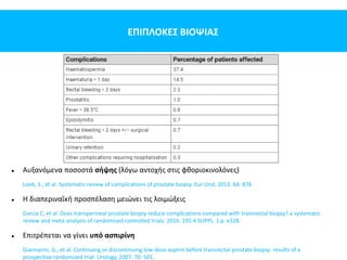 ΕΠΙΠΛΟΚΕΣ ΒΙΟΨΙΑΣ
 Αυξανόμενα ποσοστά σήψης (λόγω αντοχής στις φθοριοκινολόνες)
Loeb, S., et al. Systematic review of complications of prostate biopsy. Eur Urol, 2013. 64: 876.
 Η διαπεριναΐκή προσπέλαση μειώνει τις λοιμώξεις
Garcia C, et al. Does transperineal prostate biopsy reduce complications compared with transrectal biopsy? a systematic
review and meta-analysis of randomised controlled trials. 2016. 195:4 SUPPL. 1 p. e328.
 Επιτρέπεται να γίνει υπό ασπιρίνη
Giannarini, G., et al. Continuing or discontinuing low-dose aspirin before transrectal prostate biopsy: results of a
prospective randomized trial. Urology, 2007. 70: 501.
 