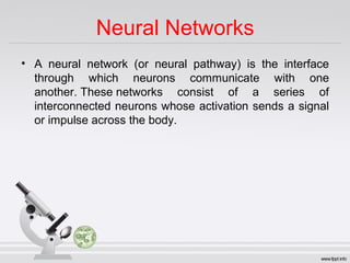 Neural Networks
• A neural network (or neural pathway) is the interface
through which neurons communicate with one
another. These networks consist of a series of
interconnected neurons whose activation sends a signal
or impulse across the body.
 