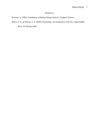 Biopsychology      7


                                         References

Wickens, A. (2005). Foundations of Biopsychology (2nd ed.). England: Pearson.

Morris, C. G., & Maisto, A. A. (2002). Psychology: An Introduction (12th ed.). Upper Saddle

       River, NJ: Prentice Hall.
 