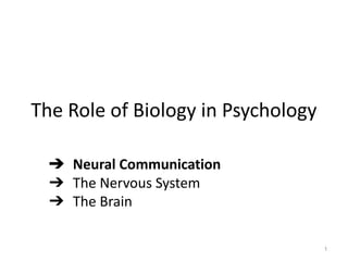 The Role of Biology in Psychology
1
➔ Neural Communication
➔ The Nervous System
➔ The Brain
 