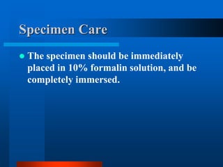 Specimen Care
 The specimen should be immediately
placed in 10% formalin solution, and be
completely immersed.
 